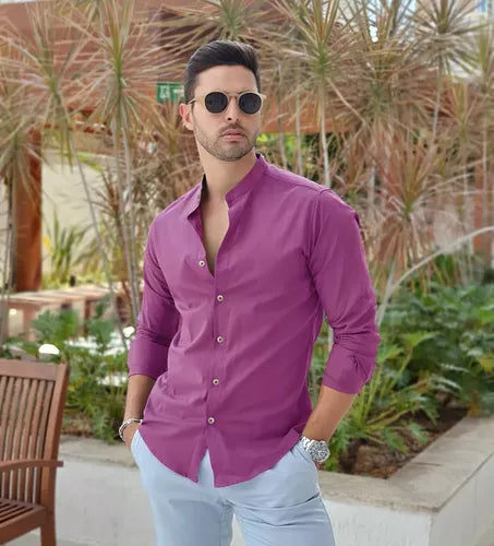 Camisa Manga larga unicolor cuello  mao - ShirtStyleElegant - Más elegancia y estilo para su vida diaria